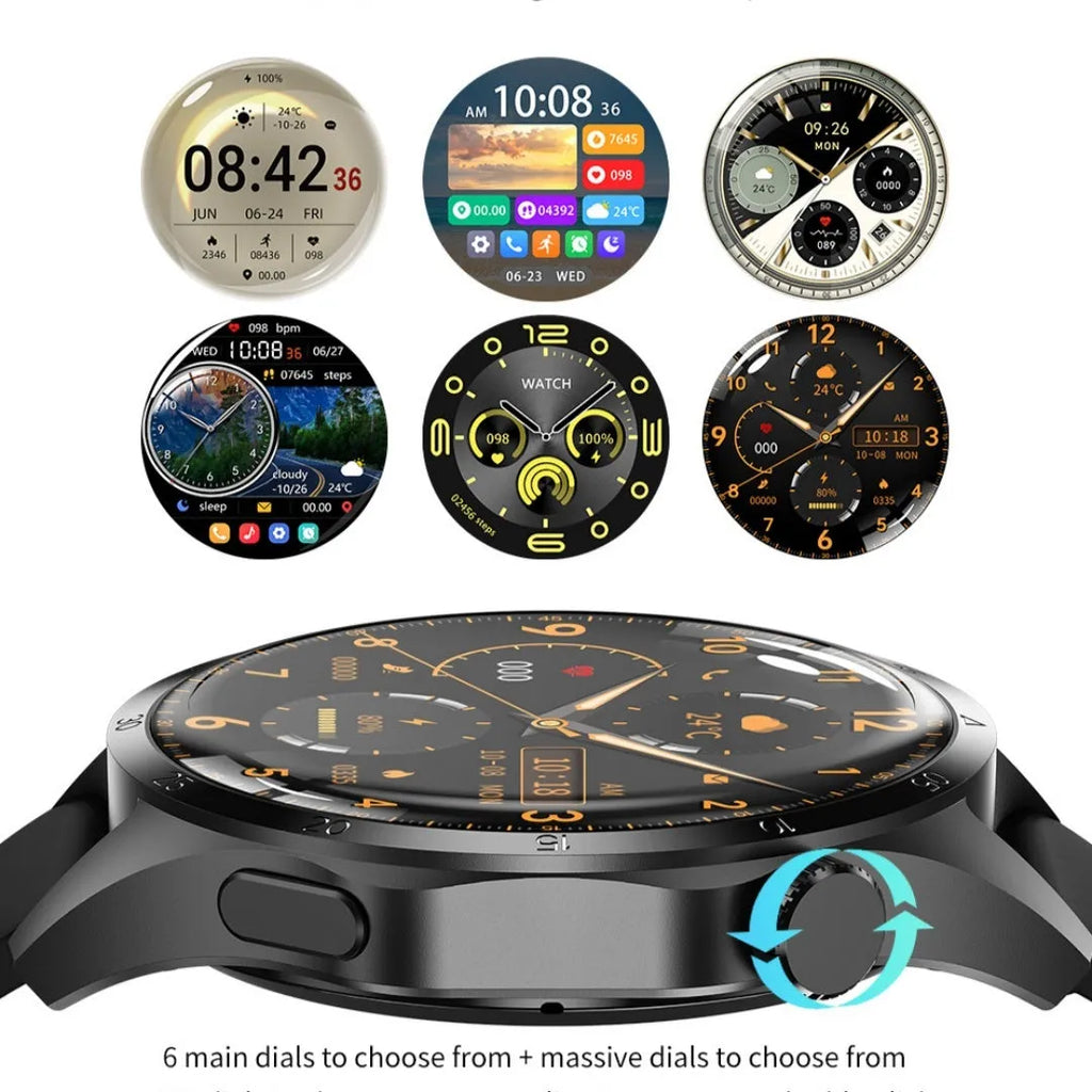 Black Bluetooth smartwatch with TFT screen, shown with both silicone and Milanese mesh strap options.