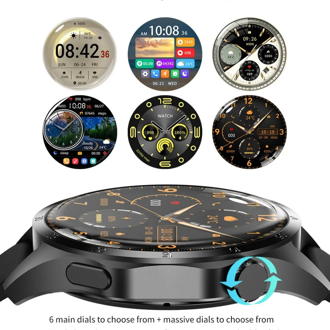 Black Bluetooth smartwatch with TFT screen, shown with both silicone and Milanese mesh strap options.