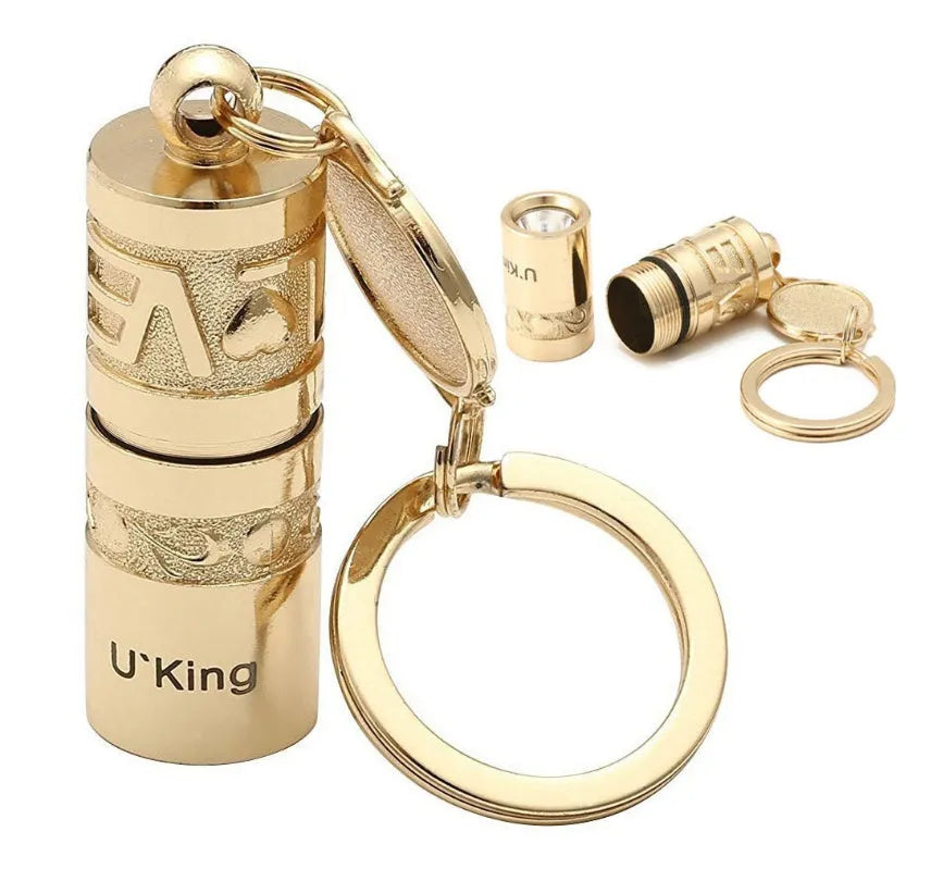 Gold zinc alloy emergency keychain flashlight with LED light and keyring attachment