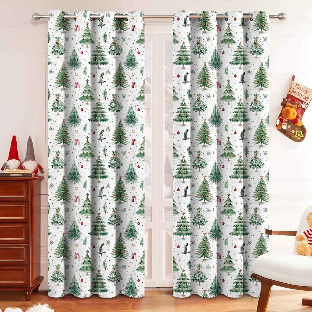 Close-up of a white polyester curtain with a punched Christmas tree forest pattern, showing its texture and light-filtering quality.