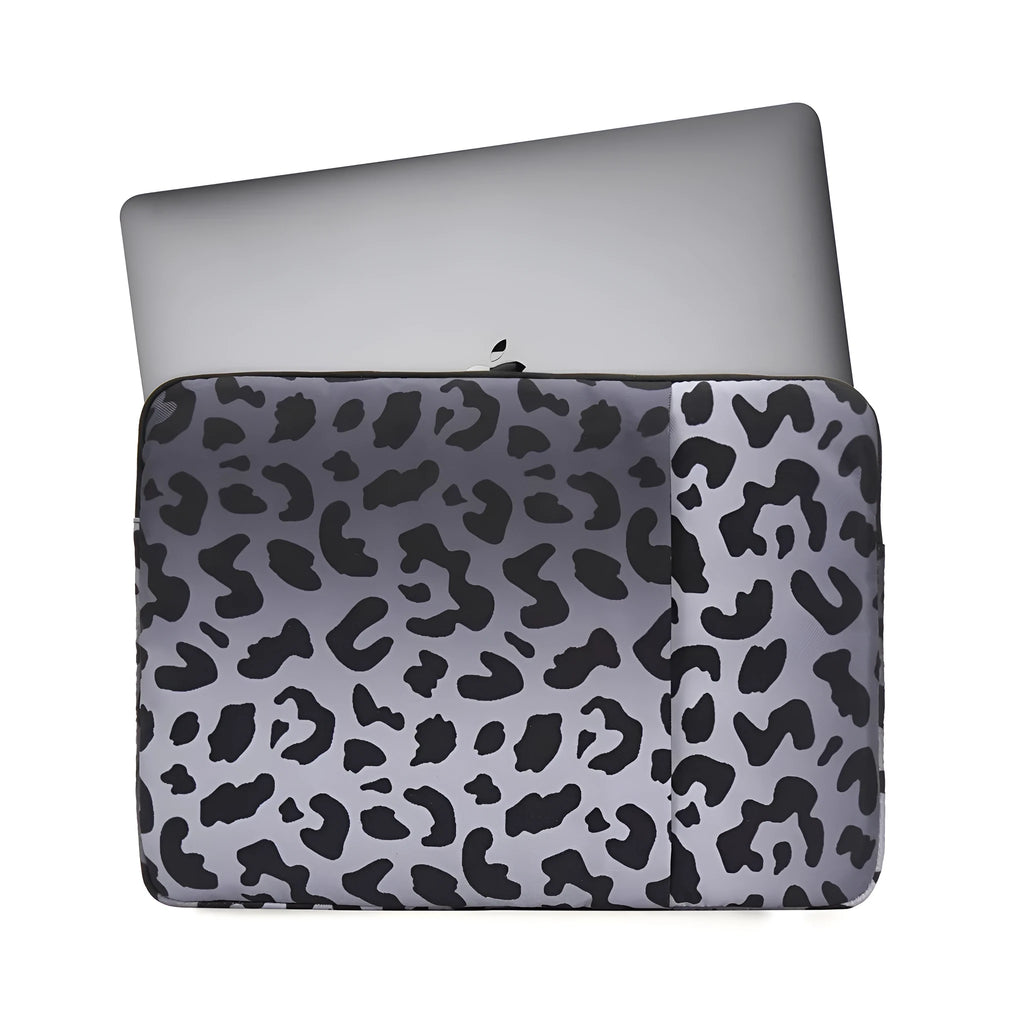 Leopard print laptop sleeve with waterproof polyester exterior and protective flannel lining