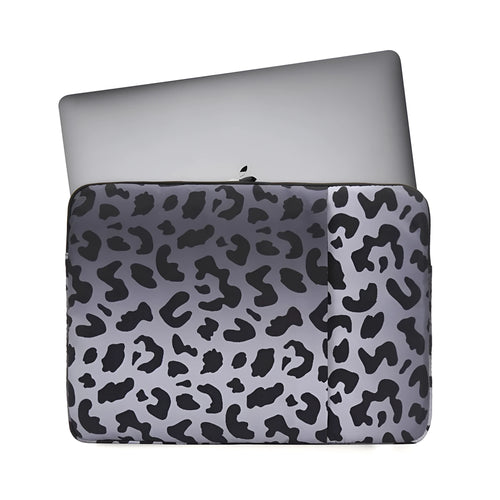 Leopard print laptop sleeve with waterproof polyester exterior and protective flannel lining
