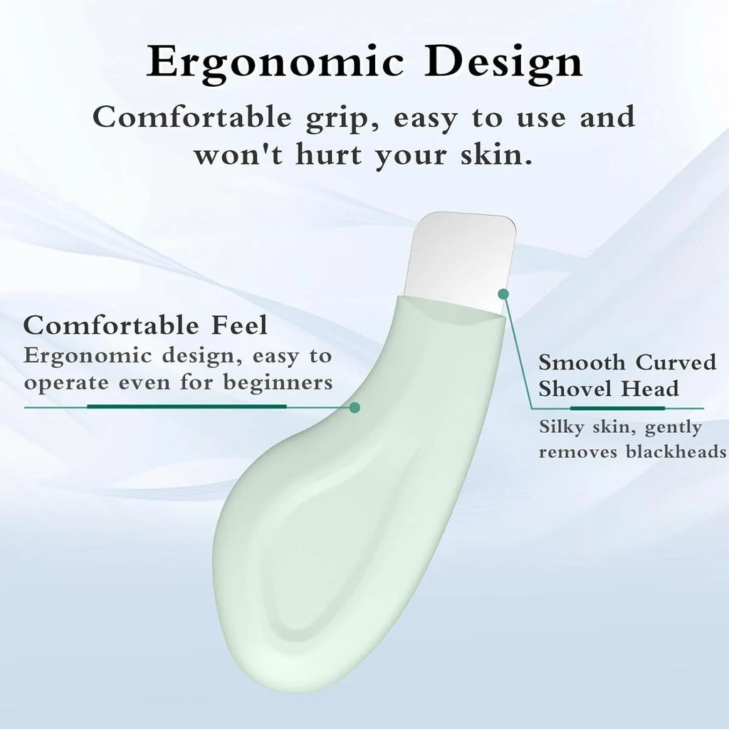 Stainless steel facial pore scraper and blackhead removal tool with a non-slip handle.