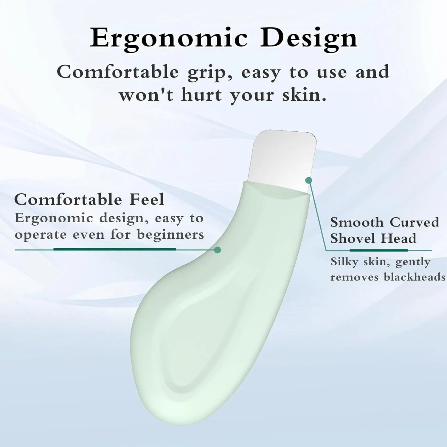 Stainless steel facial pore scraper and blackhead removal tool with a non-slip handle.