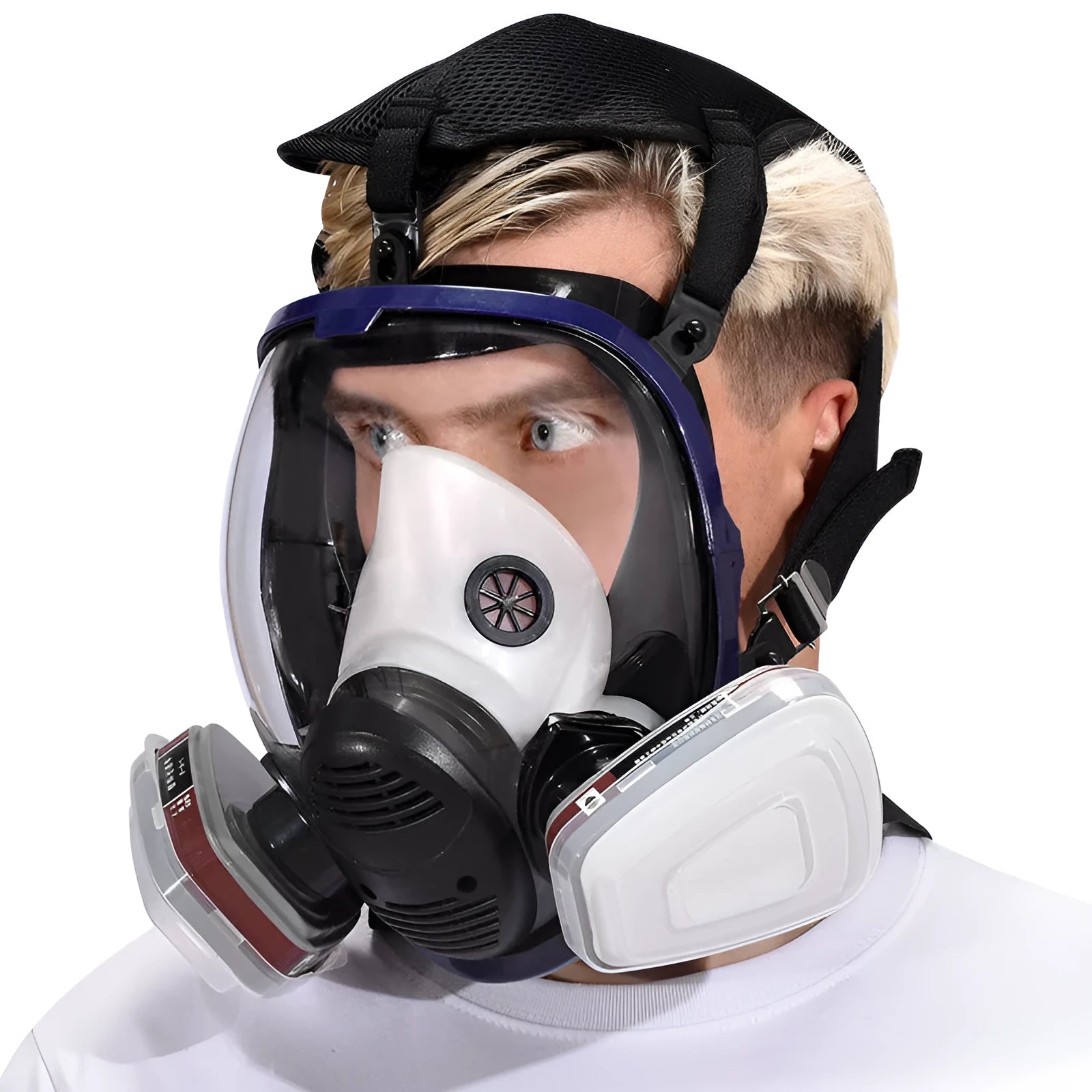 Blue edge spherical full face mask with trapezoidal canister design and KN95 filtration rating