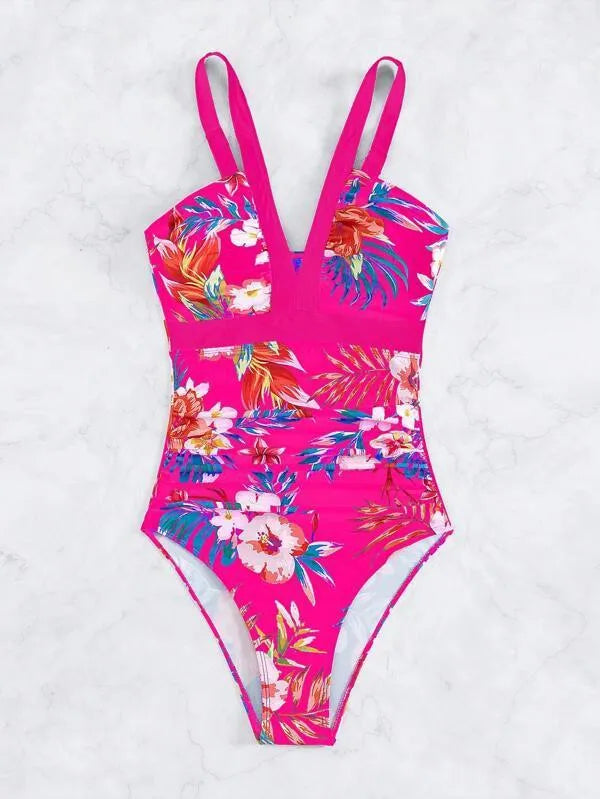 Women's floral one-piece swimsuit in polyester and spandex material