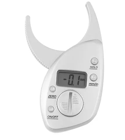 Digital body fat caliper with LCD display and anti-slip handle on white background