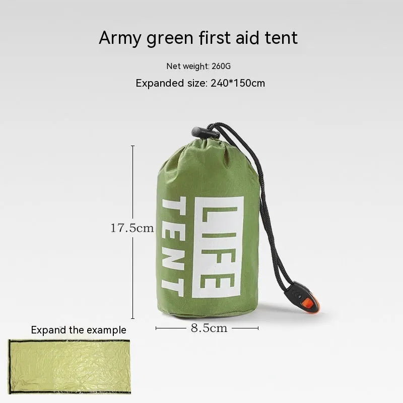 Orange portable disaster relief tent with emergency blanket showing 240cm × 150cm dimensions