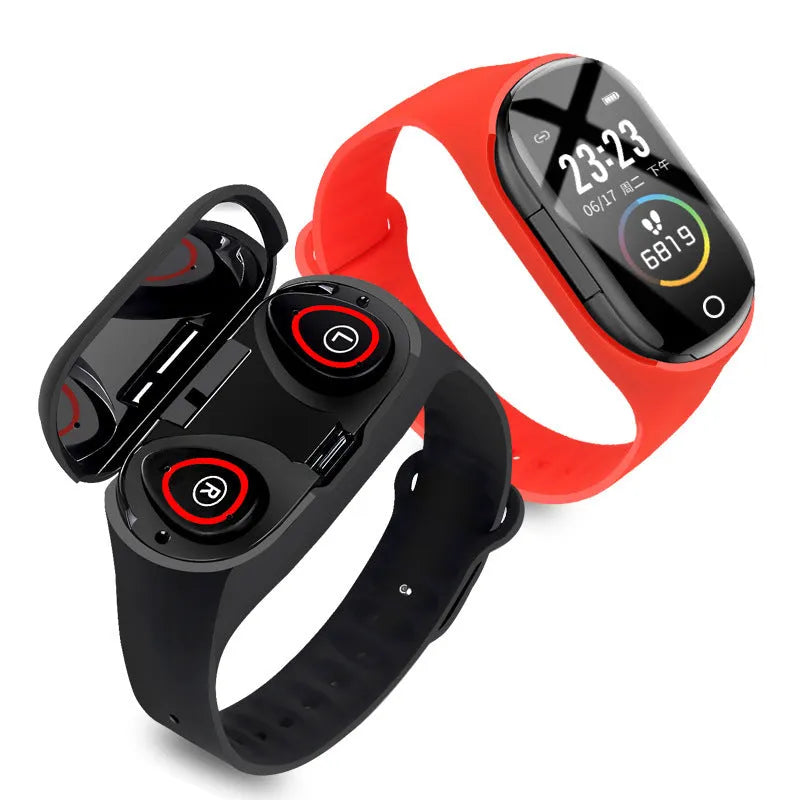 Smart bracelet earphone combo wearable device with 1 inch screen shown in blue, black, and red colour options