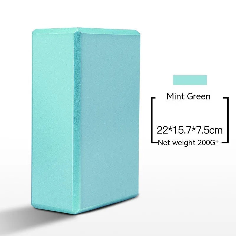 High-density EVA foam yoga block in assorted colours and prints, showing two thickness options for yoga and dance.