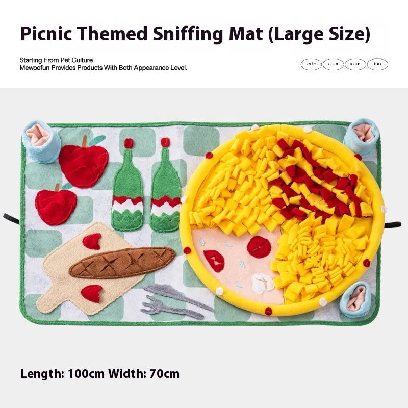 Plastic fabric dog sniffing mat with food hiding design in garden camping theme