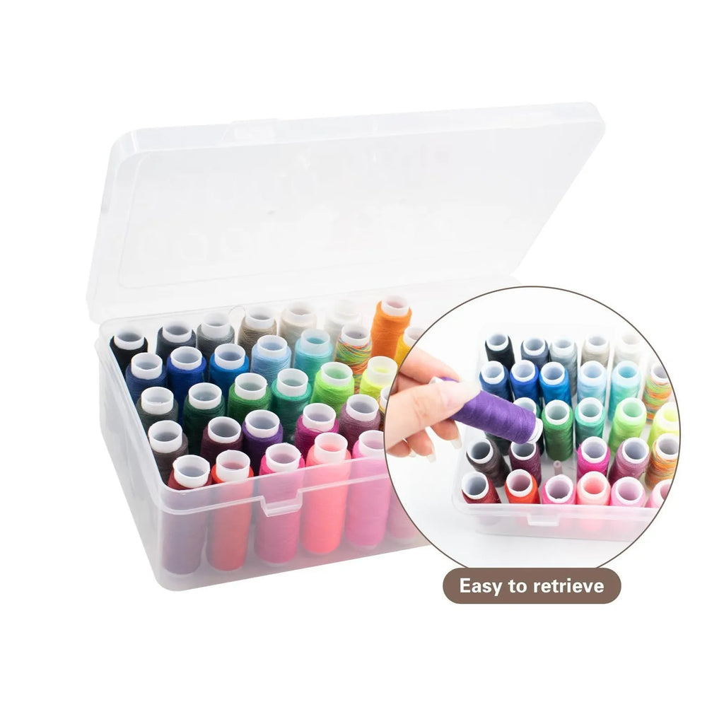 Transparent plastic sewing storage box with 42 removable compartments for organising threads and needles.