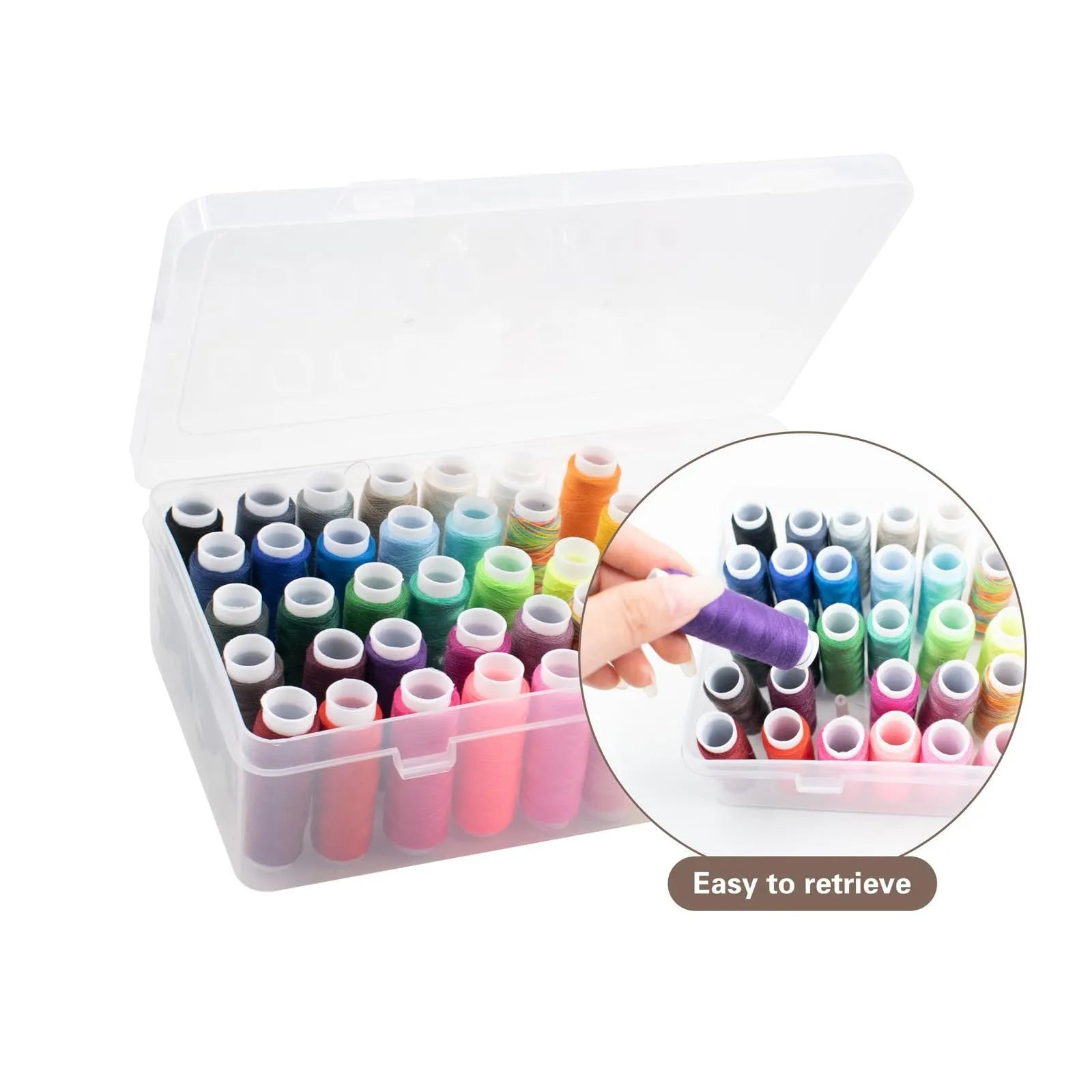 Transparent plastic sewing storage box with 42 removable compartments for organising threads and needles.