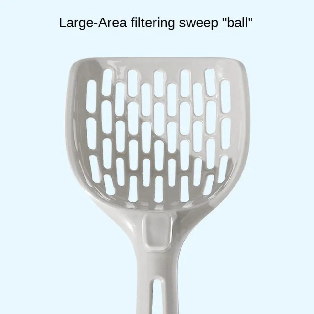 Grey plastic cat litter scoop with attached storage base, showing 4-hole sifter design.