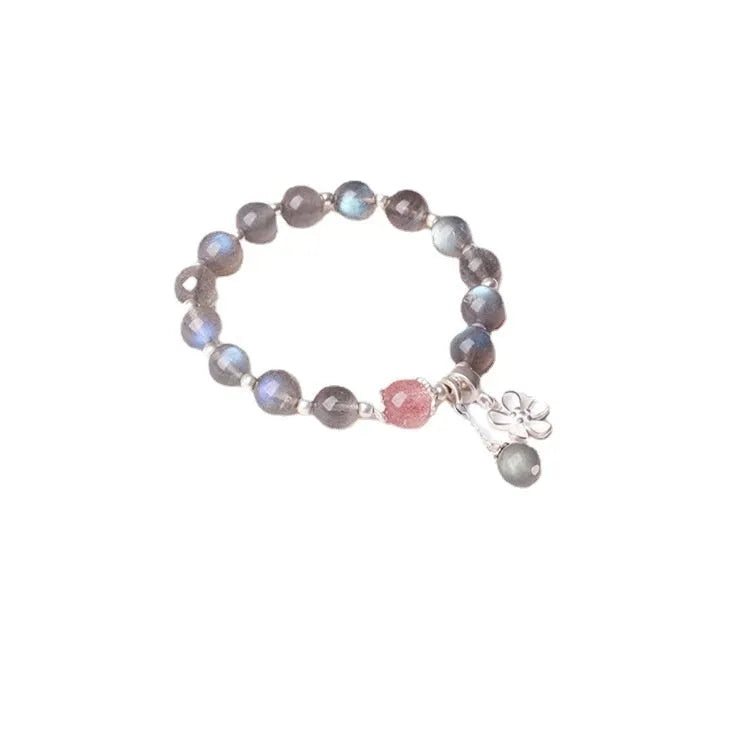 Women's 925 silver bracelet with grey moonlight stones and a honeysuckle animal charm.