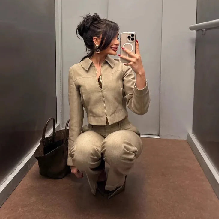 Women's casual long sleeve coat and straight-leg pants suit set with 3D herringbone pattern