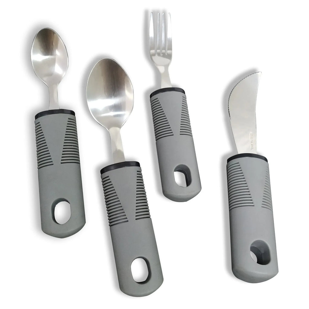 Stainless steel adaptive tableware with rubber handles in black and grey curved and straight designs