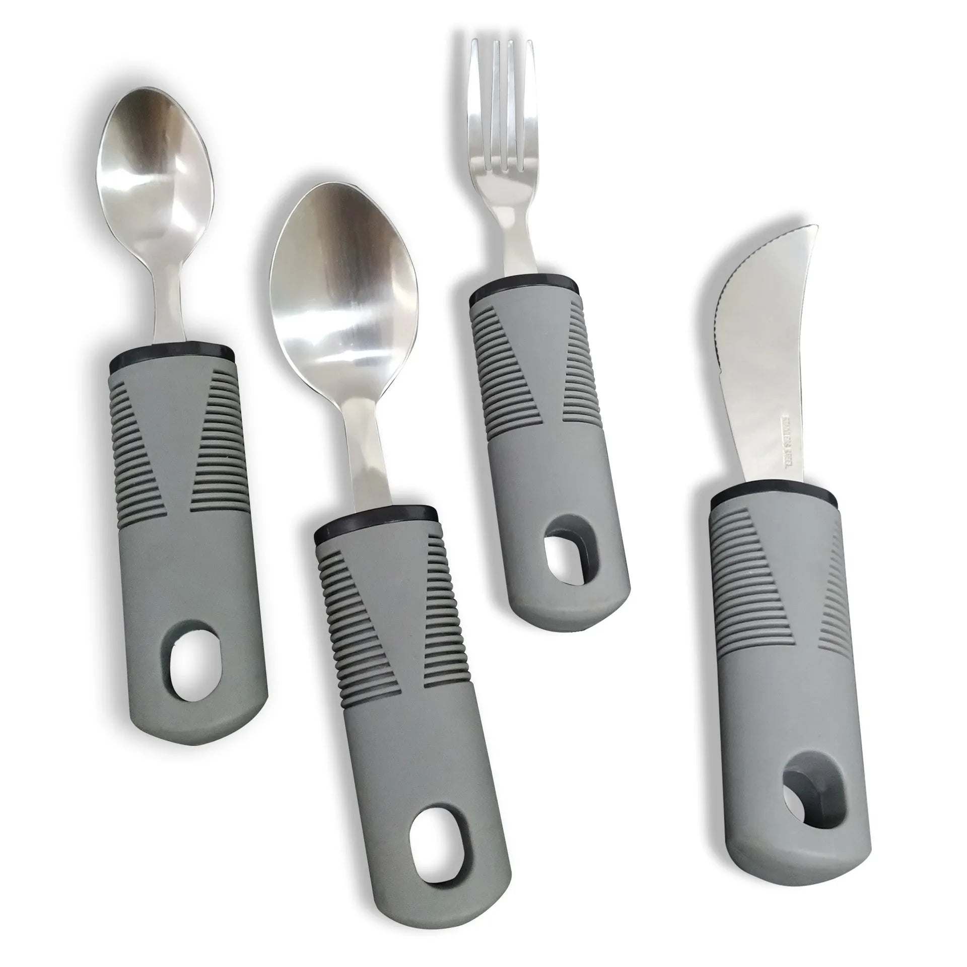 Stainless steel adaptive tableware with rubber handles in black and grey curved and straight designs