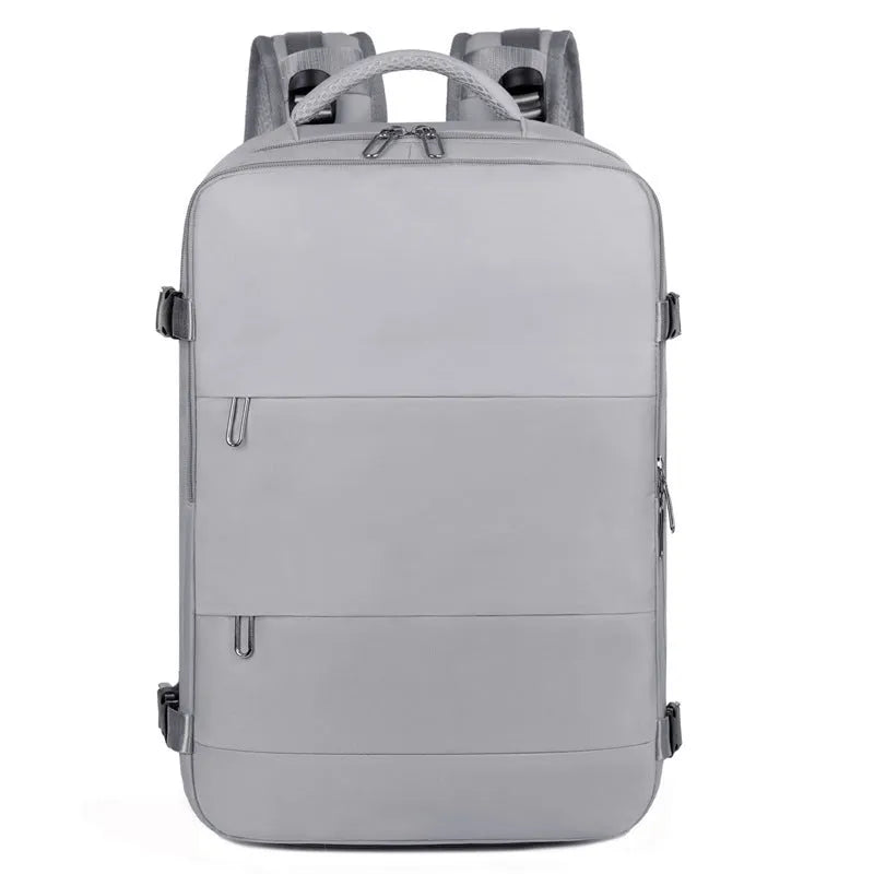 Large-capacity travel backpack in purple, grey, black, or pink with organised compartments and waterproof Oxford fabric