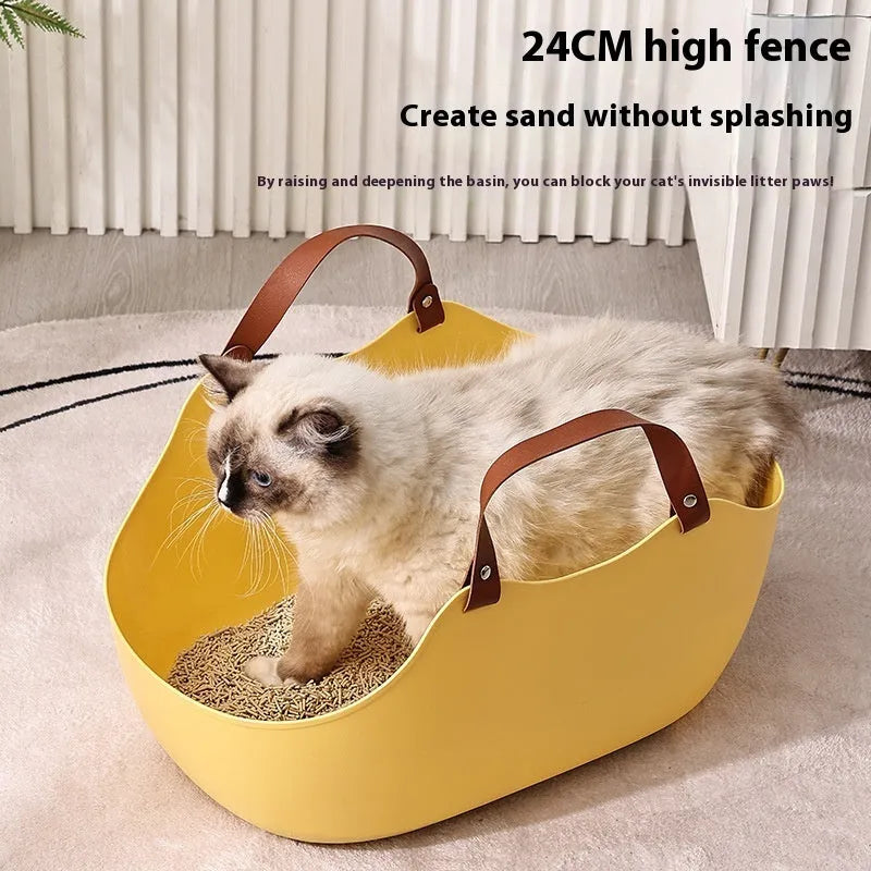 Portable PE open cat litter box in grey, size 51x36x24cm, placed on a flat surface.