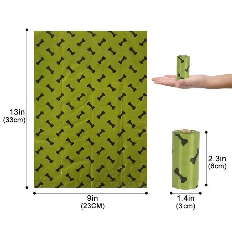Military green degradable dog poop bags with black bone print, measuring 23 by 33 centimetres
