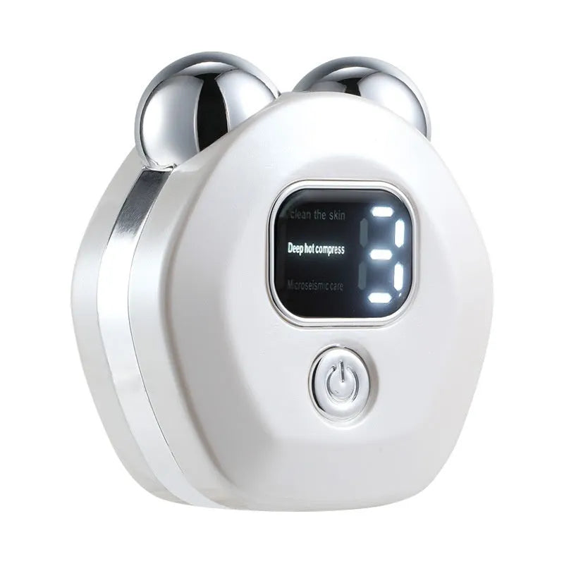 White portable facial massager with double rollers and micro current hot compress function.