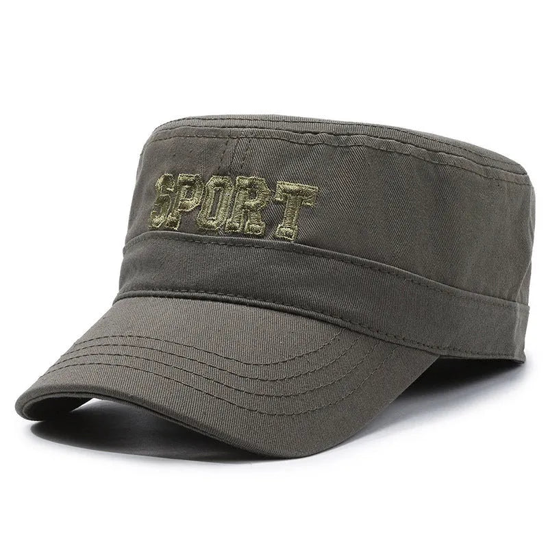 Men's cotton flat-top peaked cap in adjustable size, shown in dark blue army green colour.