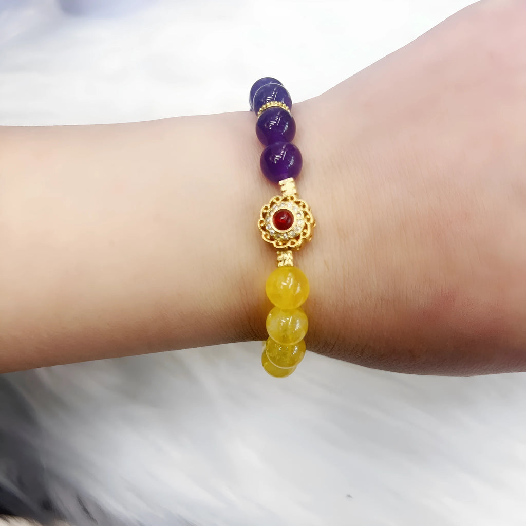 Handmade amethyst crystal bracelet with yellow and purple beads for women