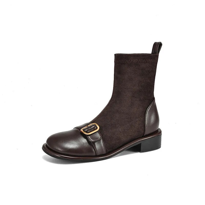 Women's black low heel Martin boots with round toe and front lace-up closure