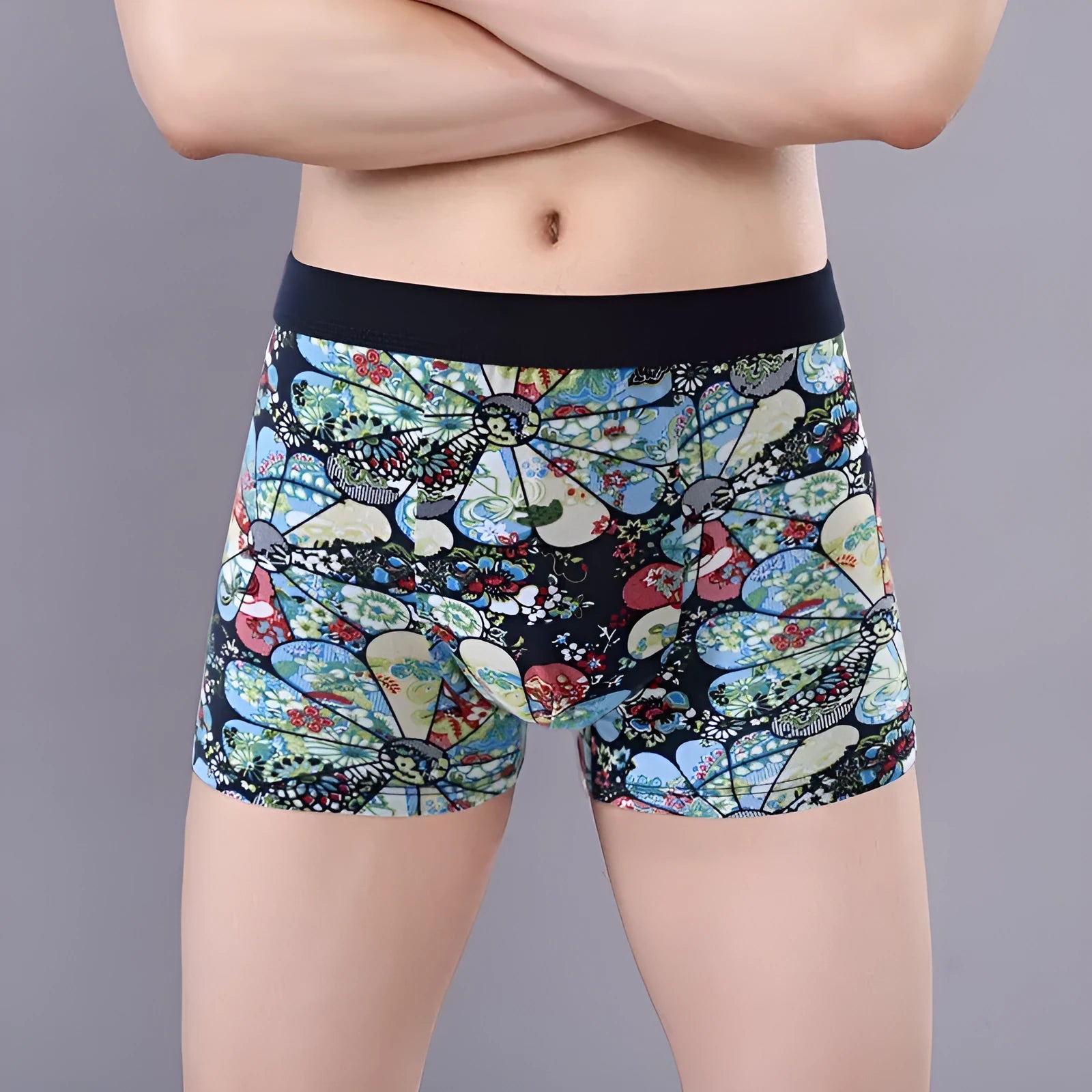 Men's breathable cotton boxer briefs with floral pattern and U-shaped design, shown in size 3XL to 10XL.