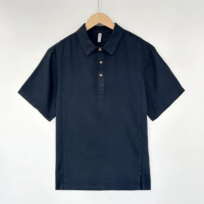 Men's light linen summer top with thin lapels and short sleeves in loose fit