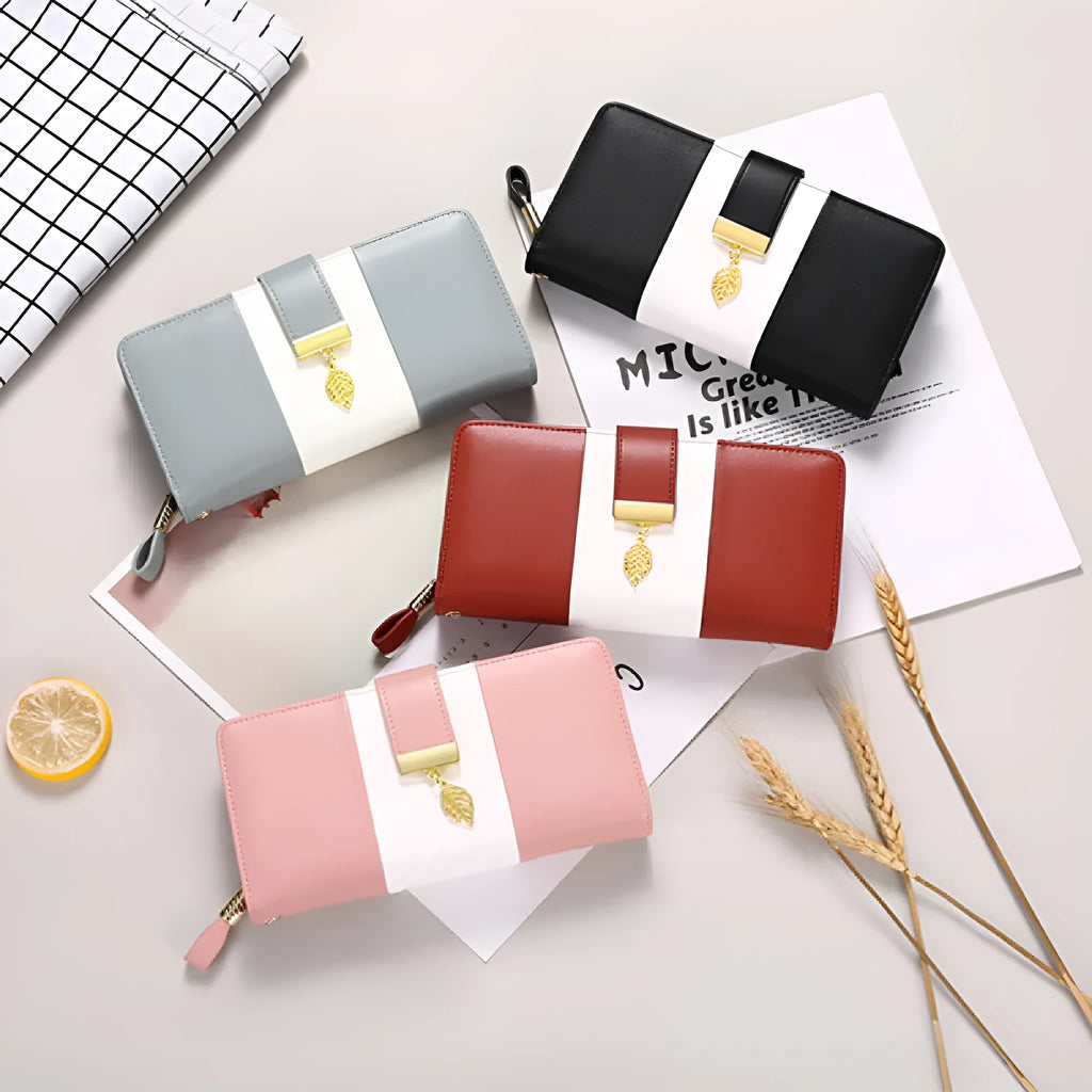 Anti-theft clutch handbag with lock closure in PU leather showing interior organisation and colour options