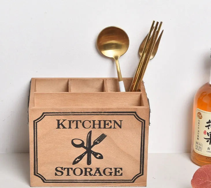 Wooden kitchen storage box with grid divider for knives, forks, and chopsticks