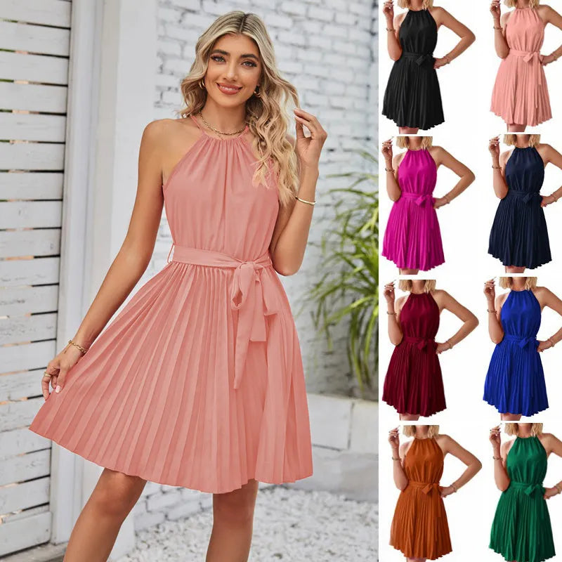 Women's halter neck strapless summer dress with pleated chiffon skirt and adjustable waist belt