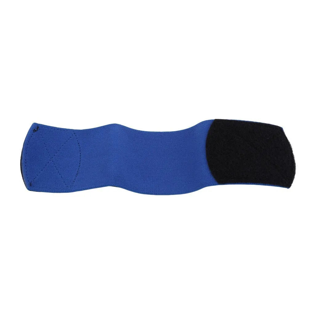 Red rubber football shin guard tape belt showing 25cm length and elastic construction