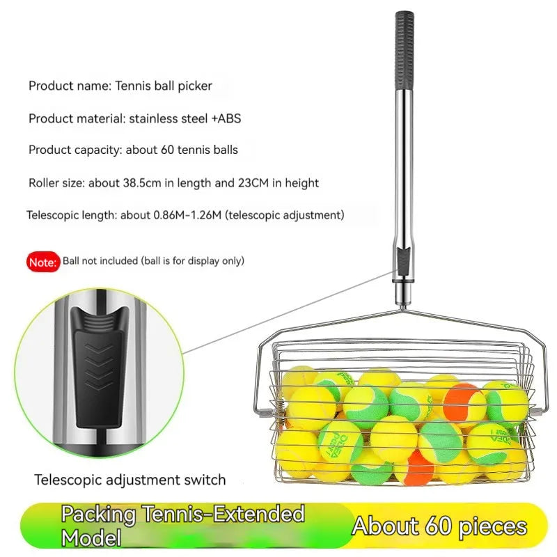 Stainless steel tennis ball roller picker with adjustable handle on a court.