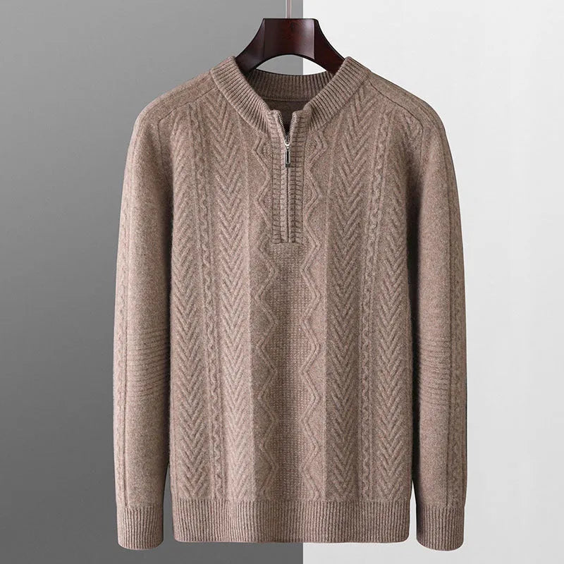 Men's pure wool diamond lattice half-zip sweater in loose fit with long sleeves