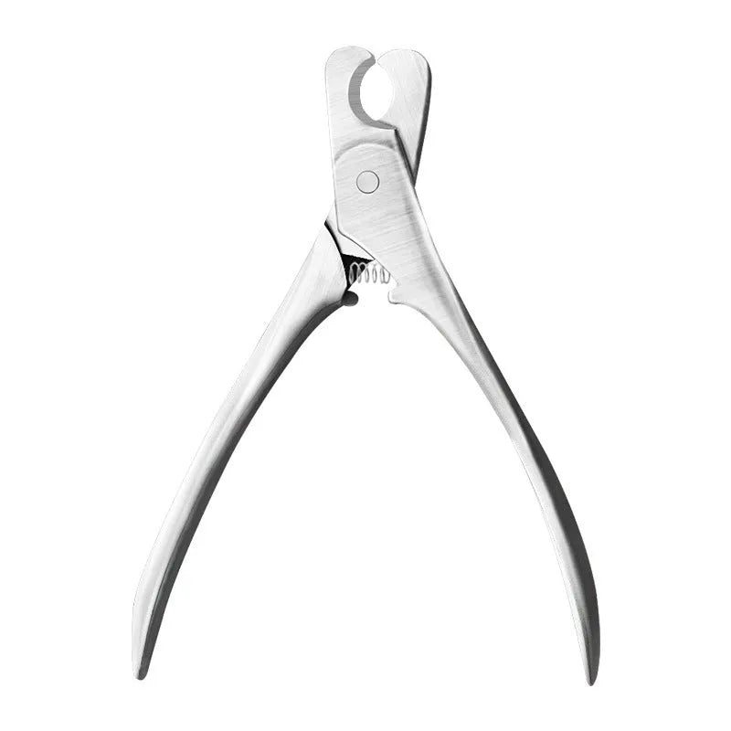 Silver professional stainless steel pet nail clipper with safety guard for dog and cat grooming.
