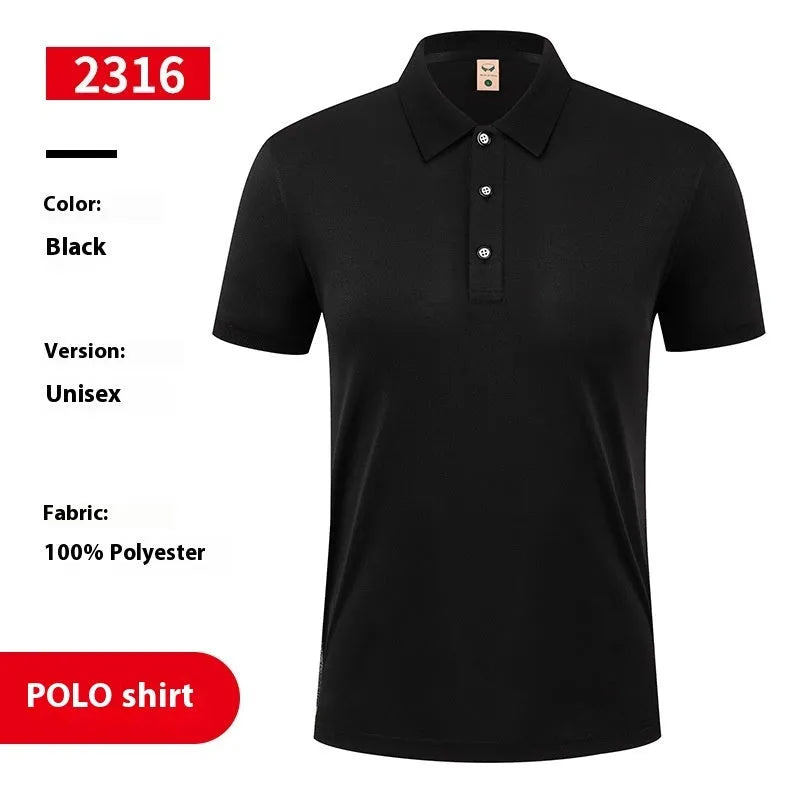 Men's short sleeve pullover polo shirt on a hanger, shown in multiple colours including white, black, and red.