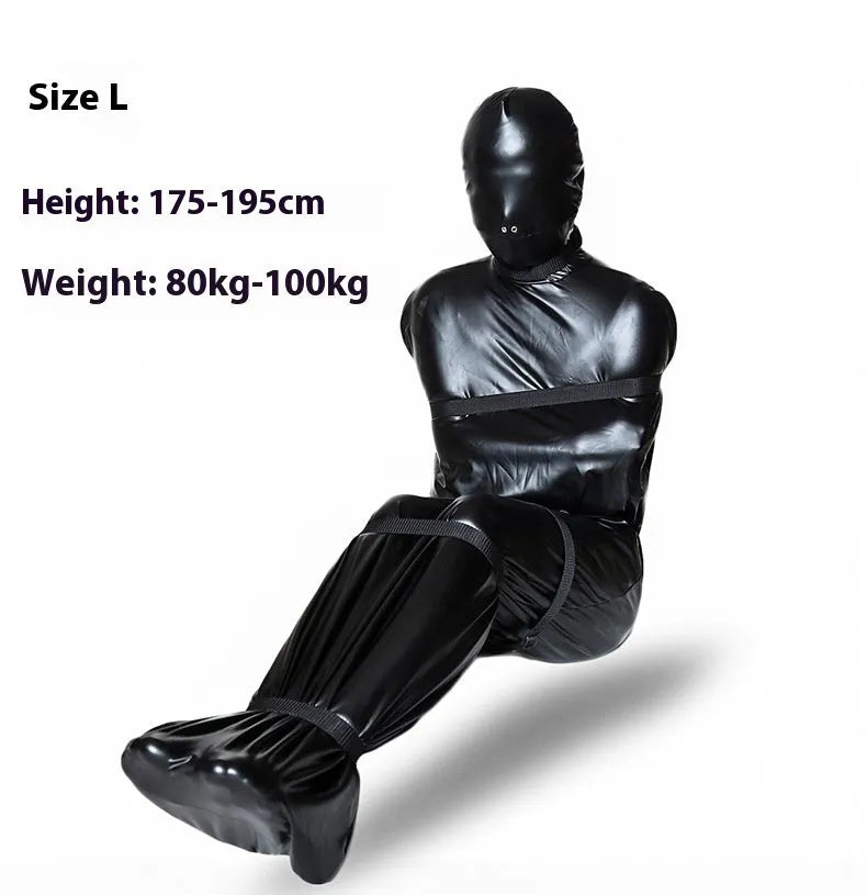 Black patent leather bondage set with full-coverage body wrap and six ratchet tie-downs