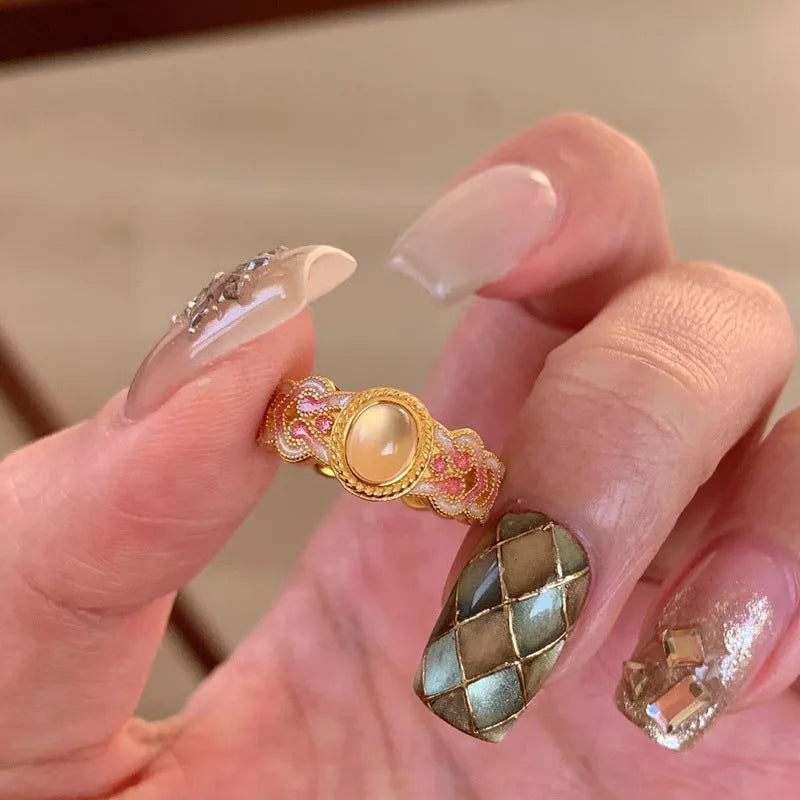 Pink crystal enamel geometric open ring with gold plating on copper base