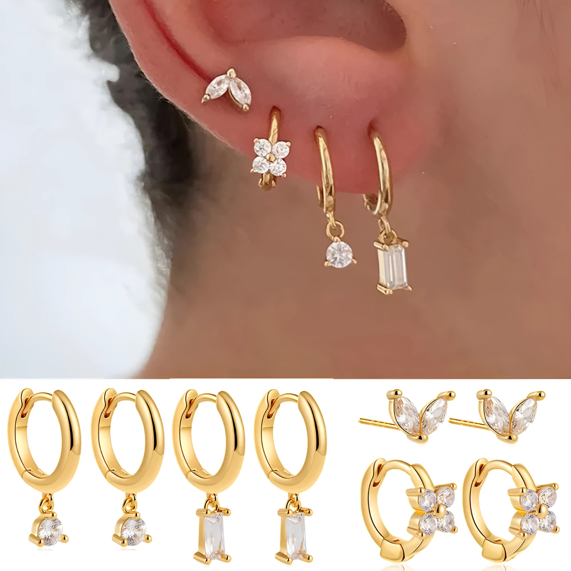Four pairs of women's geometric square earrings with gold electroplated finish and zircon detailing