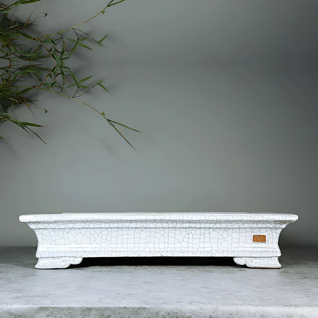 White cracked ceramic bamboo bonsai flowerpot with purple sand craft, desktop or floor use