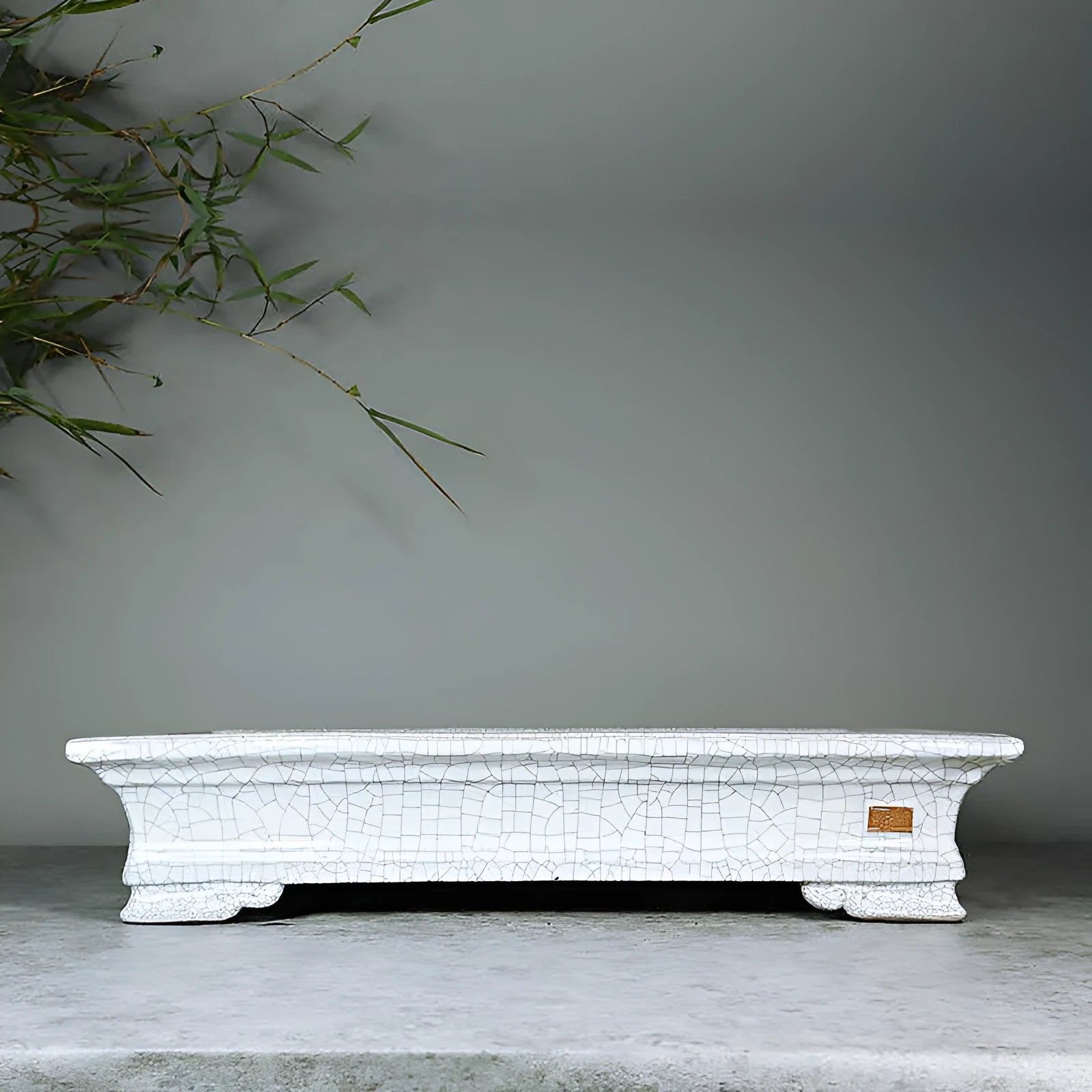 White cracked ceramic bamboo bonsai flowerpot with purple sand craft, desktop or floor use
