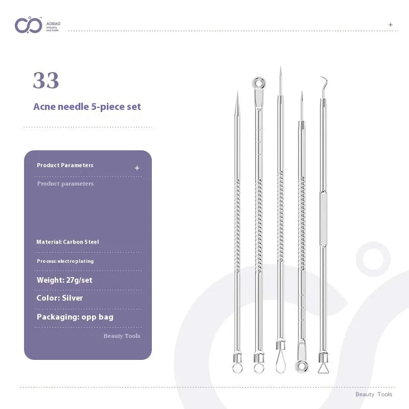 Set of four silver metal acne needles with pointed tips on a white background.