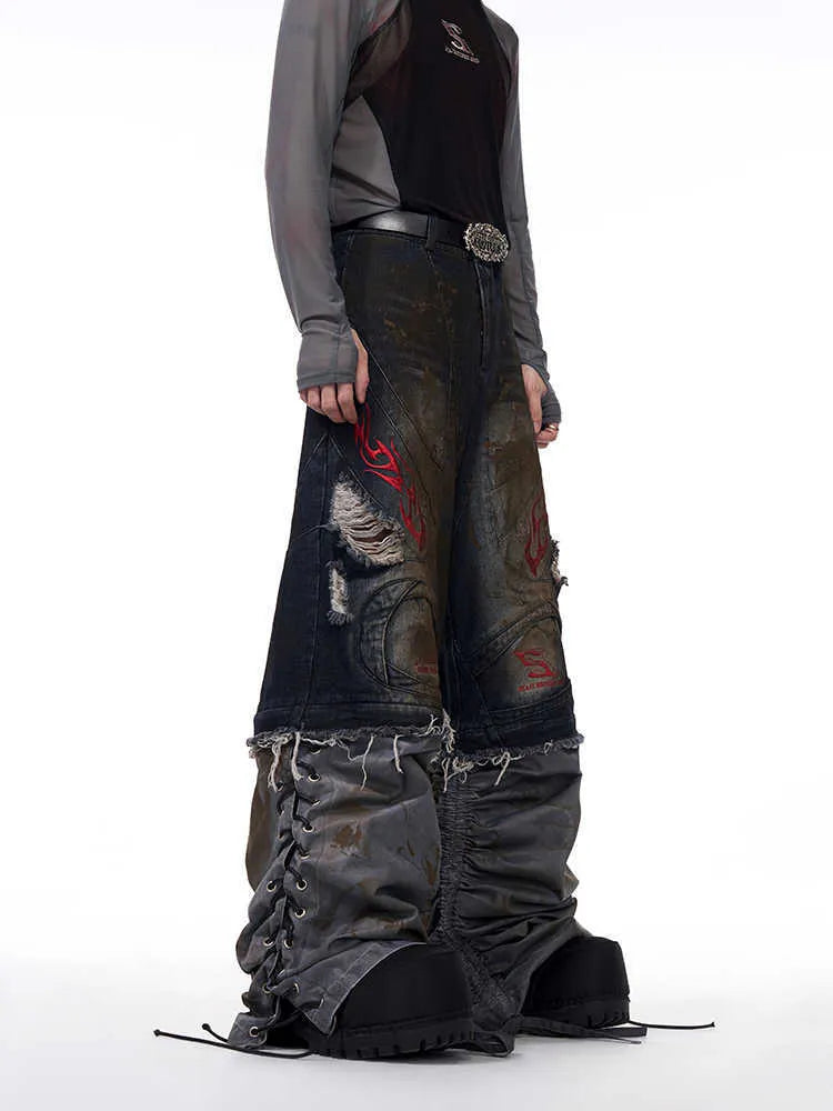 Men's retro denim jeans with detachable trouser legs showing wide-leg cut and mid-high waist