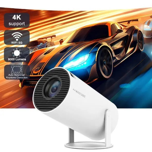 White barrel-shaped Hy300 smart projector with 720p 120ANSI resolution for home cinema