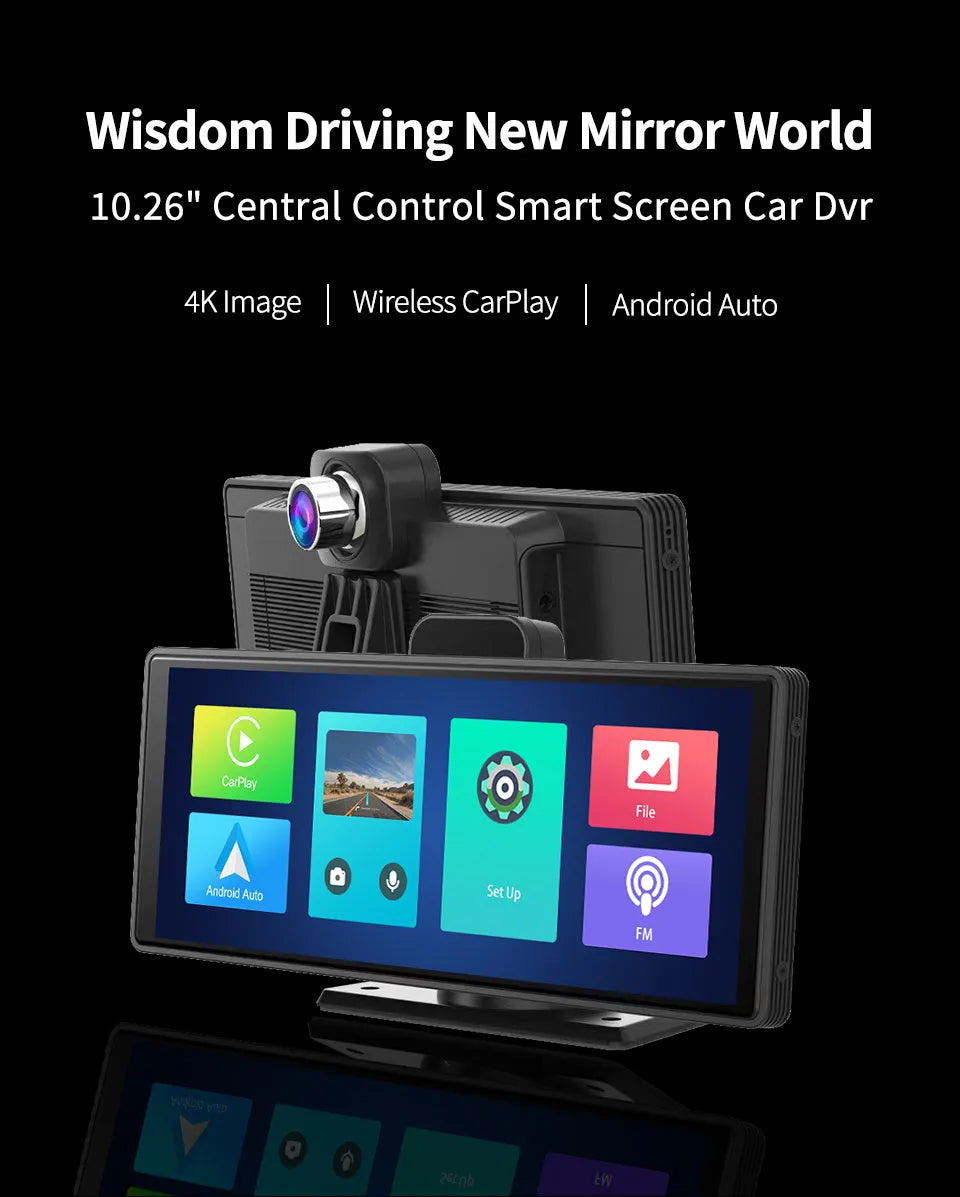Black 12-inch touch screen car dash cam recorder with rear camera on a car windscreen.