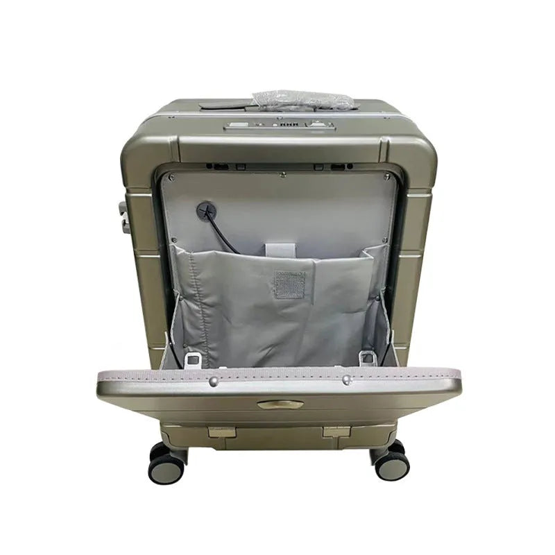 Front opening 20-inch hard shell suitcase in black showing the dry wet separation compartment.