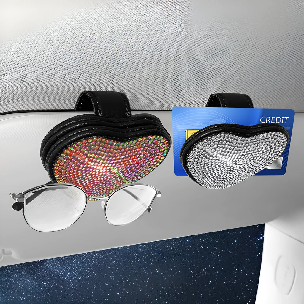 Magnetic leather car sun visor clip with diamond crystals in multiple colour options